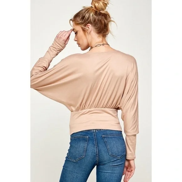 NUDE TONED LONG SLEEVE PLUNGE TOP - Picture 2 of 4